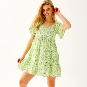 SO Babydoll Floral Mini Dress Grn/Wh Flutter Sleeve Tiered Skirt Jr MED NWT